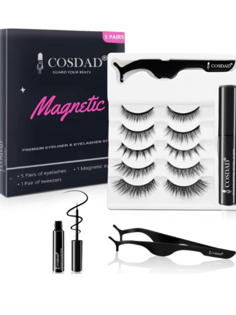 Cosdad Lightweight Magnetic Reusable False Eyelashes w/ Eyeliner, Lash Kit
